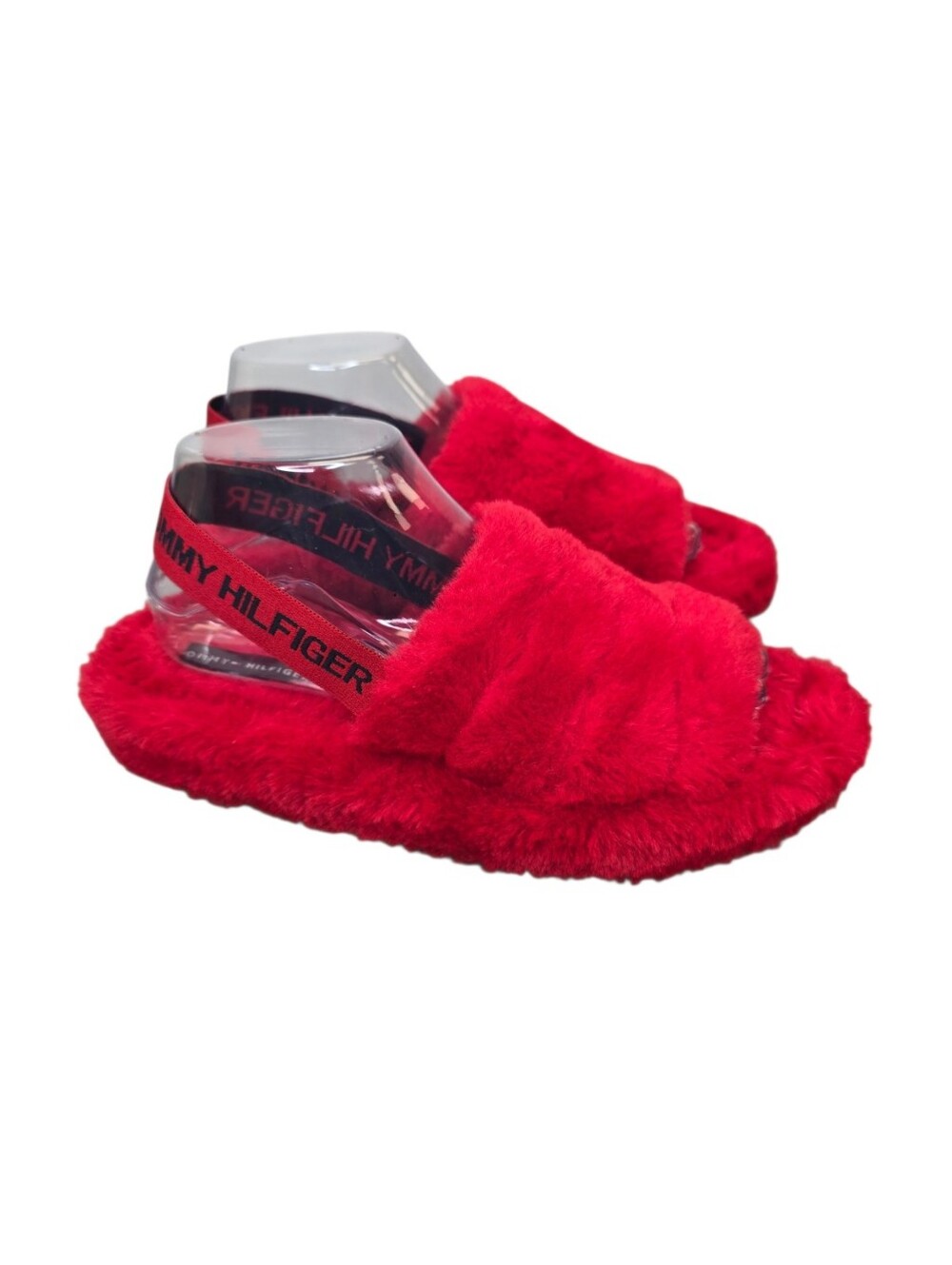 Tommy Hilfiger Women's 9 Laydown Faux Fur Slingback Slides Red Cozy Slippers